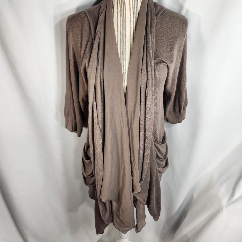 New York & Co Taupe Waterfall Open Front Short Sleeve Cardigan w/Pockets Medium